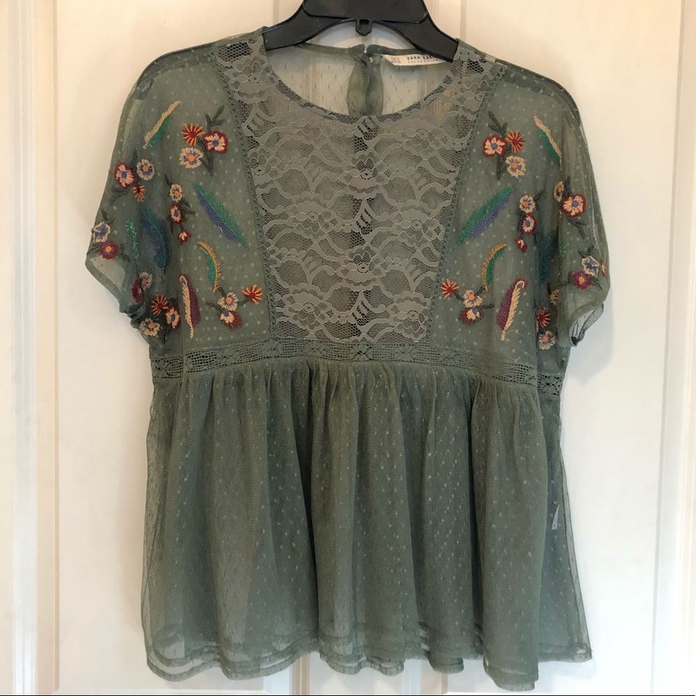 Zara Basic Button Back Olive Mesh Peplum Embroide… - image 1